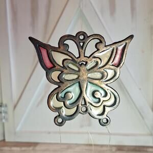 Vintage Brass Butterfly Stained Glass Wind Chime  4" X 4"